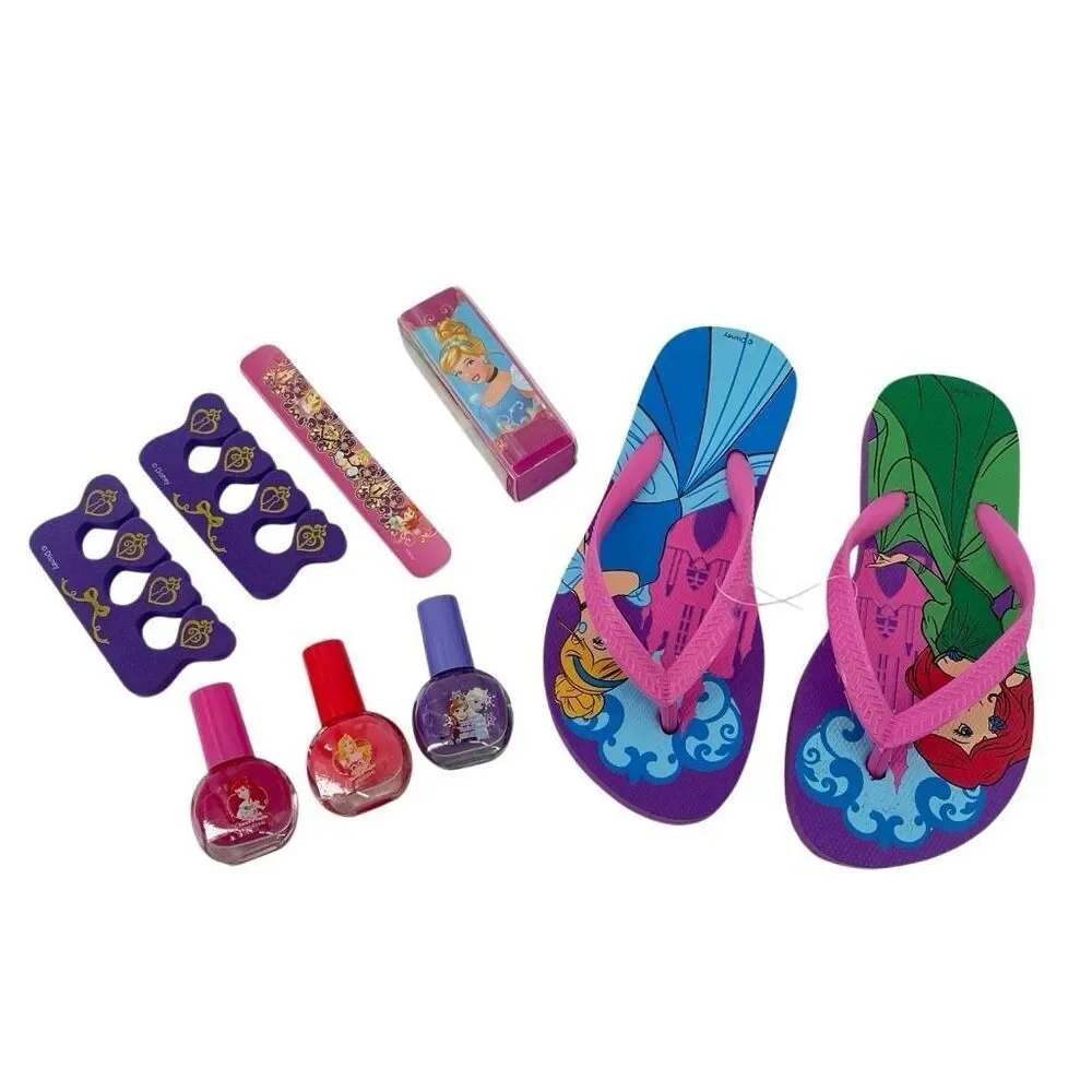 Disney Princess Spa Pedicure Set Ariel Cinderella Frozen Flip Flops Size 7 NWT
